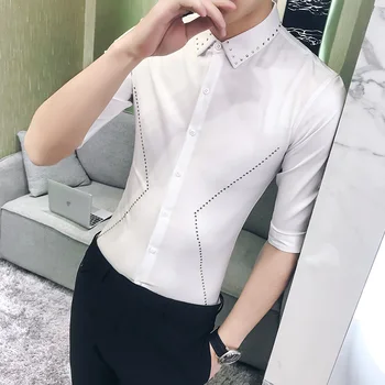 

British Style Rhinestone Decor Men Dress Shirt Fashion 2020 Summer Half Sleeve Shirt Men Simple Slim Fit Casual Blouse Homme 3XL