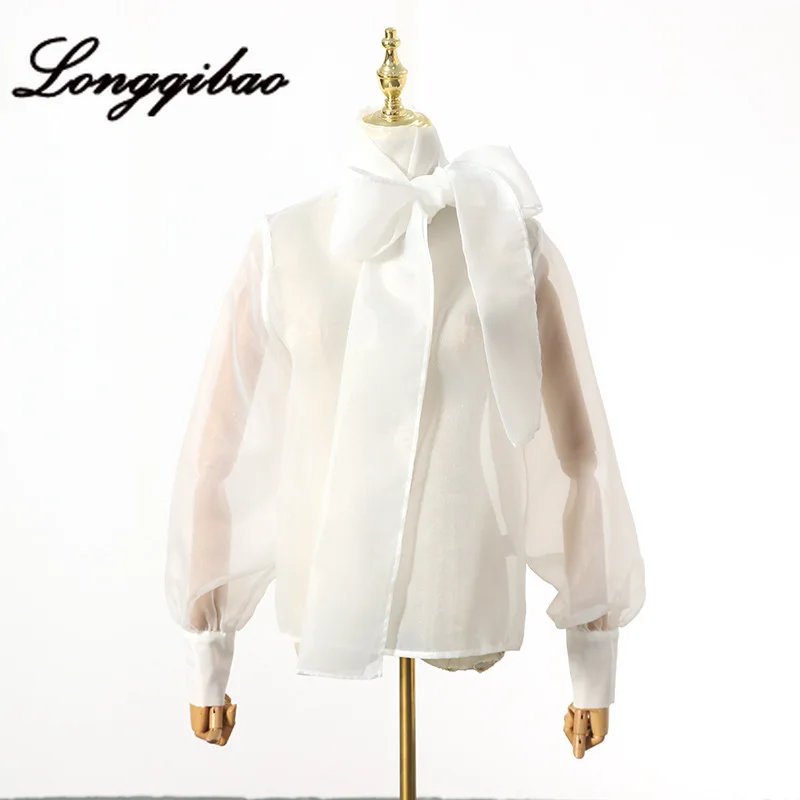 

Longqibao women's 2019 autumn new personality fashion perspective bow tie with bubble long-sleeved blouse shirt women's clothes