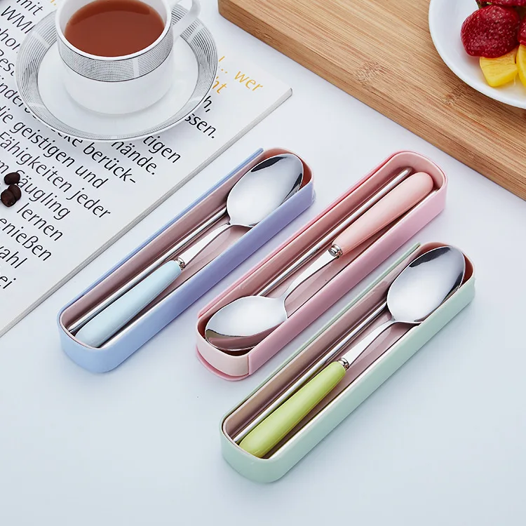 

Korean Style Gift Stainless Steel Cutlery Set Promotional Customizable Ceramic Handle Spoon Chopsticks Portable Tableware Two-Pi