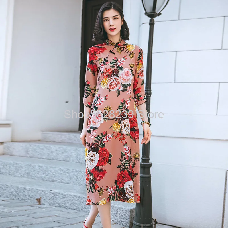 

2020 Summer Dress Improvement Cheongsam Skirt Buckle Is Thin Silk Dress Printing Middle Long Skirt