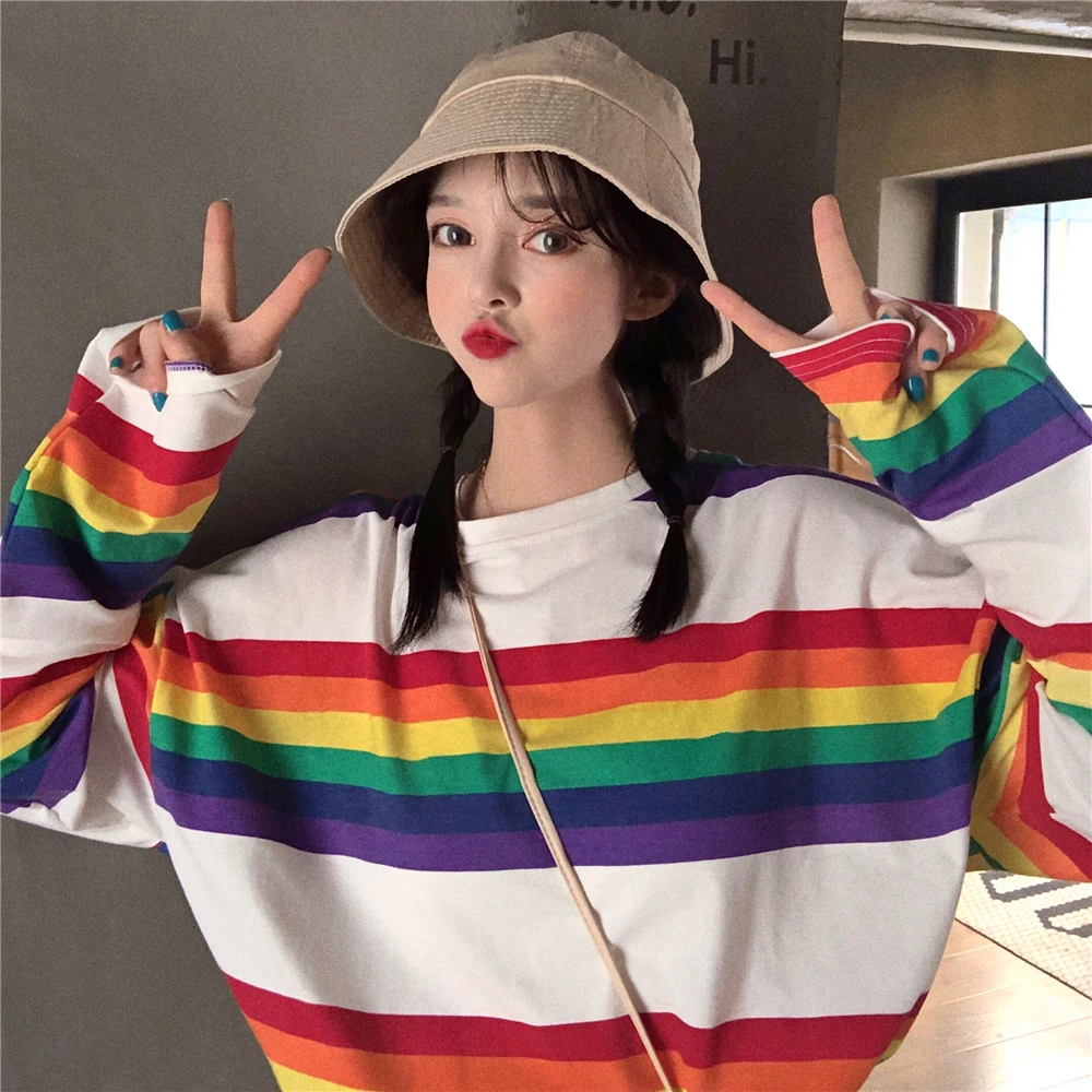 

Block Rainbown Striped Contrast Plus Size Oversized Loose T Shirt T-Shirt Pullover Women TShirt Korean Harajuku Autumn Top Man