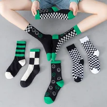 

New Winter Mens Cotton Green Socks Black White Checkerboard Sport Socks Green Stripe Women Socks Smiley Design Unisex Tide Socks