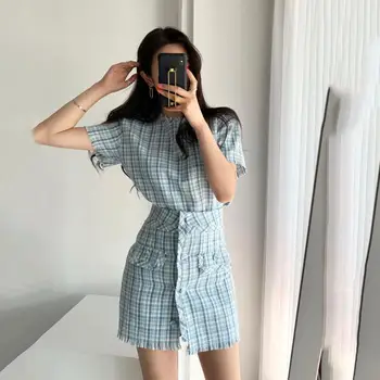 

Summer Women Sweet Plaid Jumper Tops + Buttons Tassel High Waist Skirts Woolens 2pcs Clothing Sets Short Sleeve Tweed Twin set