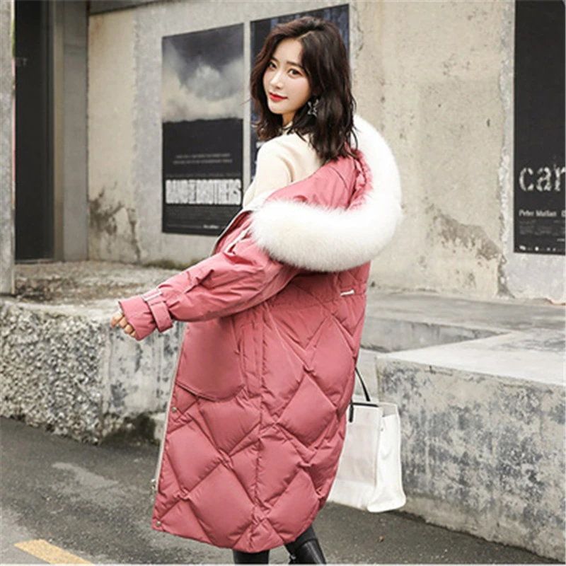 

Women's Real Fur Collar Down Coat Winter Thicked Warm Female Down Parkas Long Outwear Loose Women Down Coats Fox Fur Coats T693