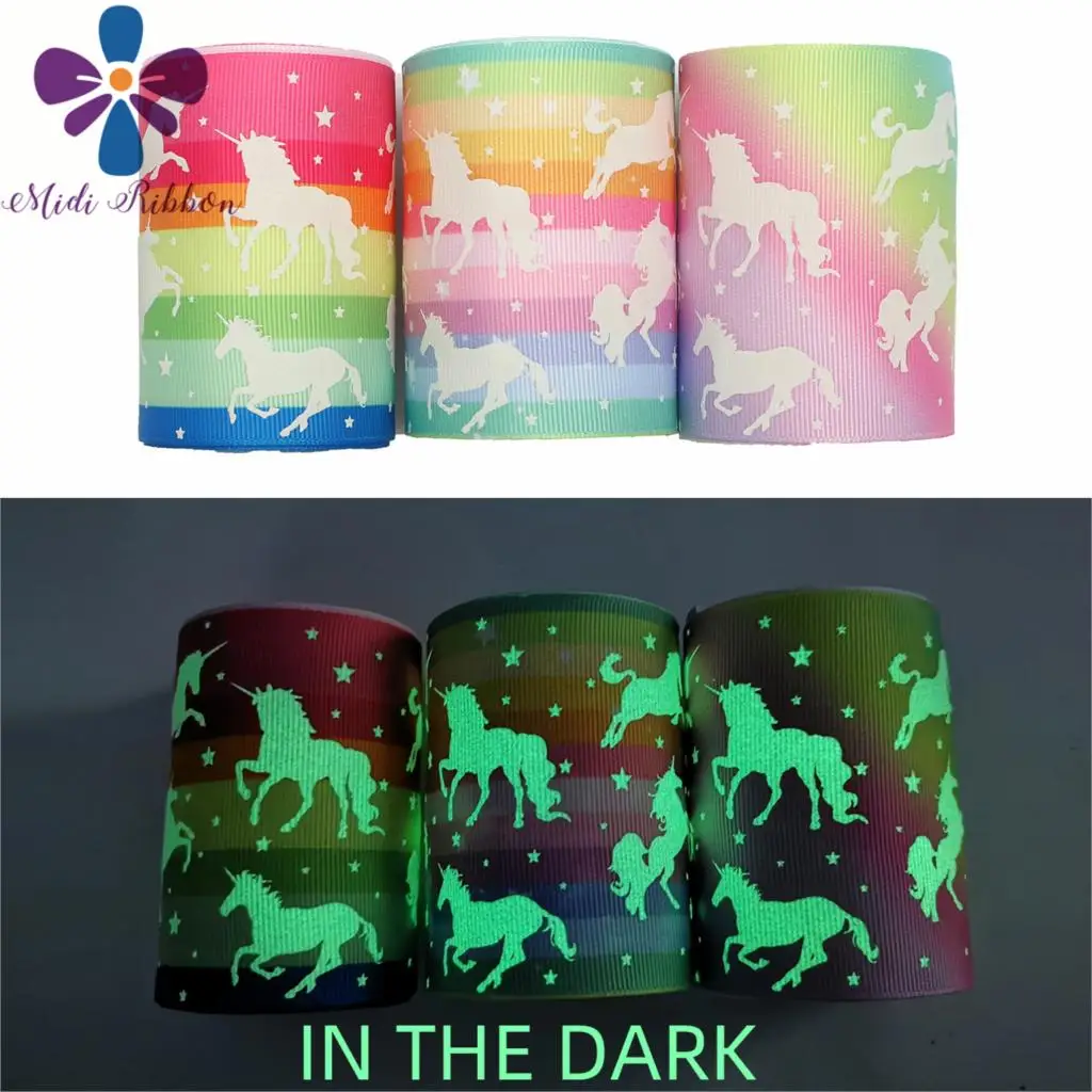 

3"75mm White Ink Printing Glow in the Dark Cartoon Unicorn Rainbow Stripe Printed Grosgrain Ribbon DIY Gift Bowknot 50yards/roll