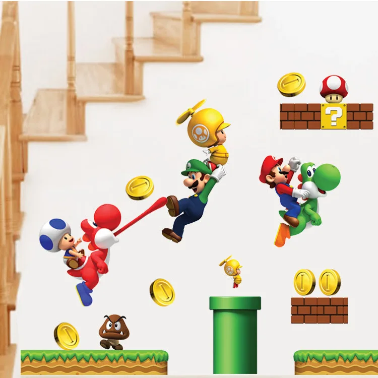 

new 3D Cartoons Super Mario Bros Wall Stickers for Kids Rooms Boys Gifts Through Wall Decals Home Decor Mural household products