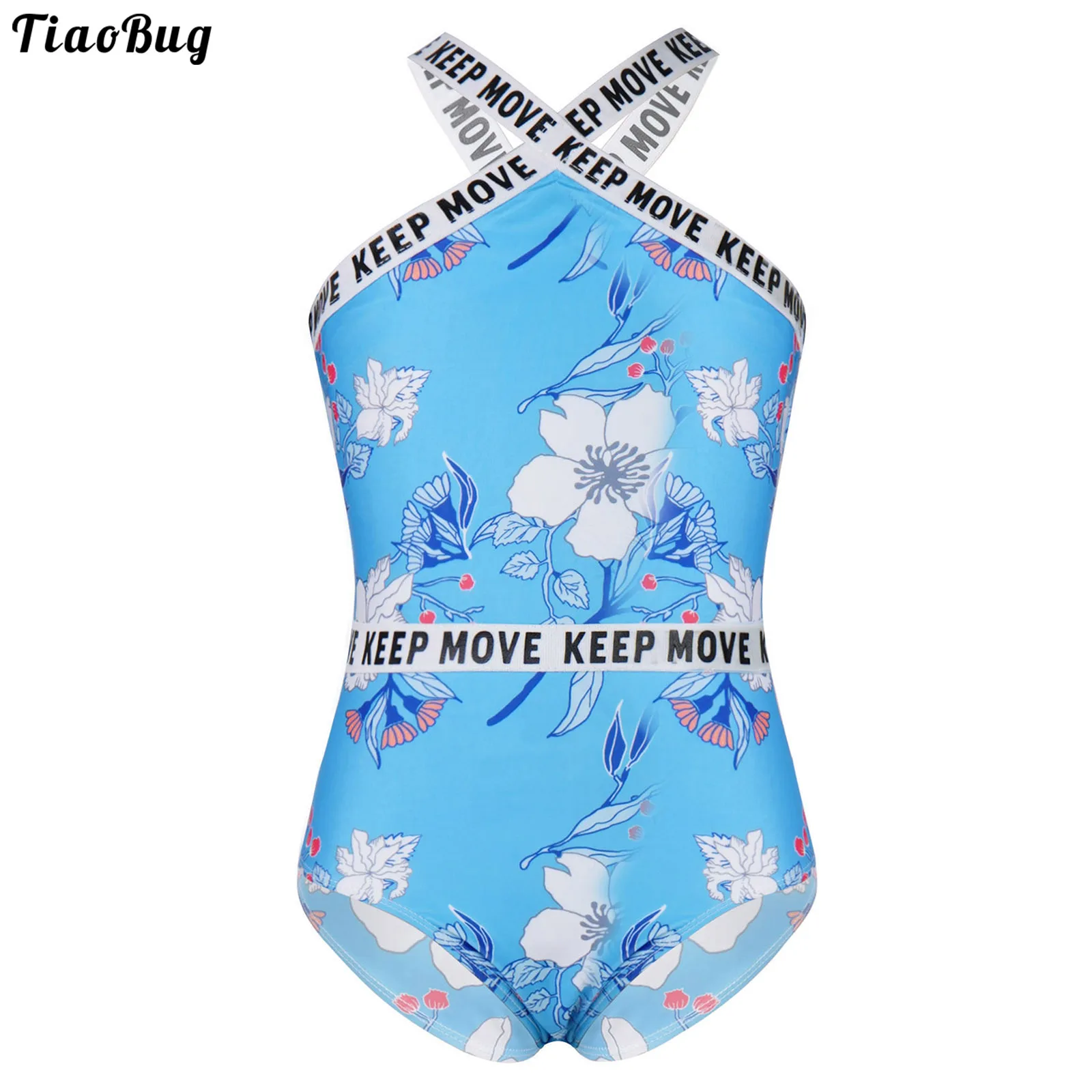 TiaoBug Summer Kids Girls One-Piece Swimwear Leotard Bodysuit Sleeveless X Shaped Front And Back Letter FLowers Print Swimsuit