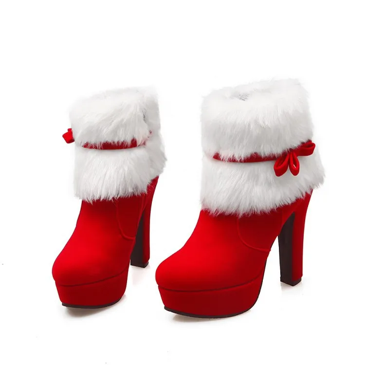 Зимние женские ботинки; рождественские ботильоны; женская обувь на высоком каблуке; женские теплые полусапожки; обувь красного и черного цвета; большие размеры 34-43