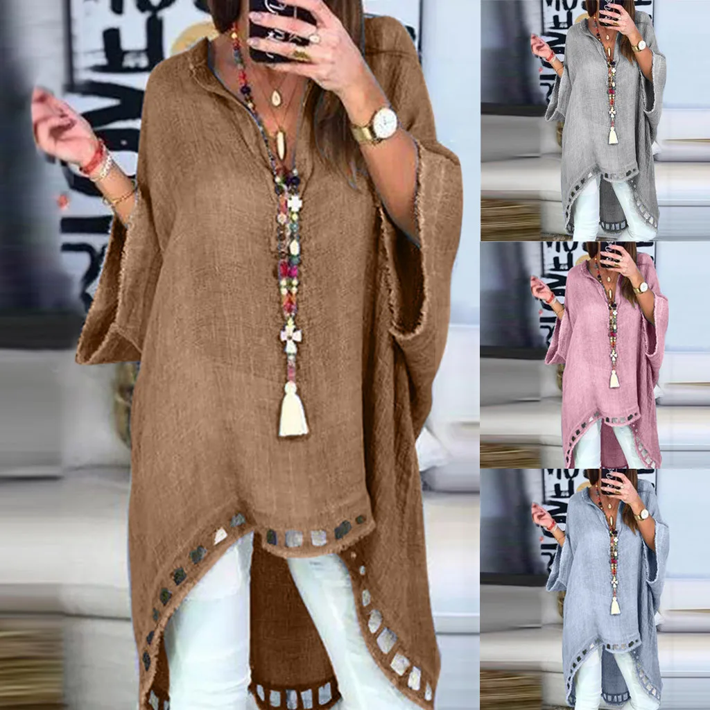 Женская однотонная блузка из льна Повседневная Длинная с v образным вырезом топы