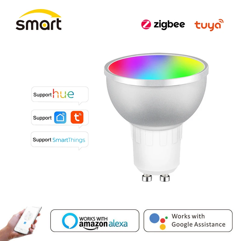 Светодиодная лампа Zigbee для умного дома 5 Вт GU10 RGBCW Philips Huee Tuya Smartthings работает с Alexa
