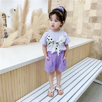 

Girls Korean Summer Purple Polka Dot Strapless Bra Fake Two-Piece Bow T-shirt + Chiffon Shorts Two Piece Suit Outfits Kids