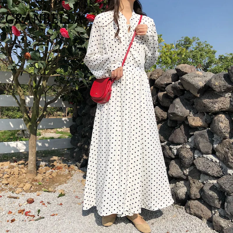 

2019 Fashion Korean Polka Dot Maxi Long Dress V-Neck Elegant Full Sleeve Casual Loose Retor Female Soft Dresses Vwstidos