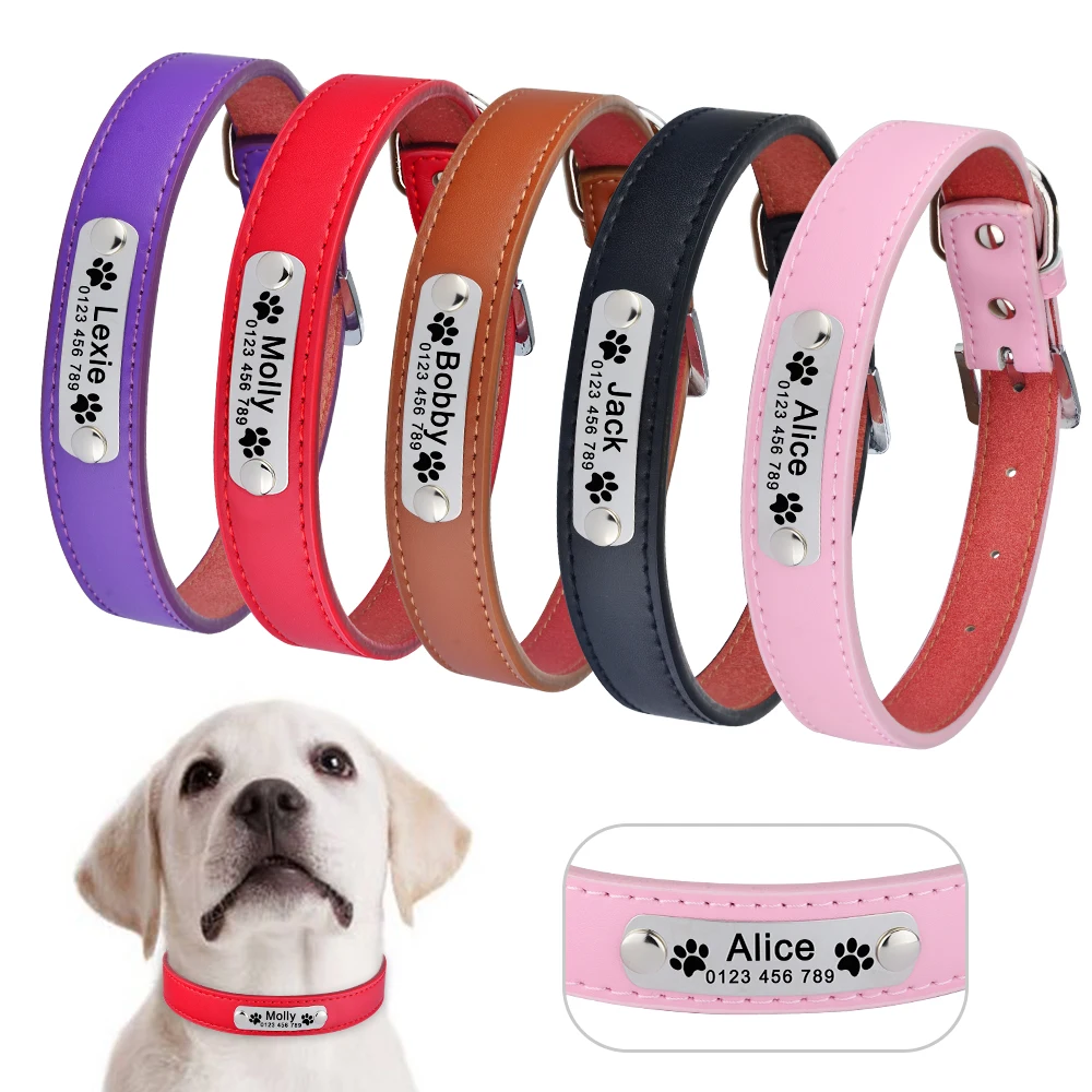 

Adjustable Personalised Dog Collar Leather Puppy ID Name Custom Engraved XS L Nameplate Tag Engrave Tags Puppy Nameplate Collar