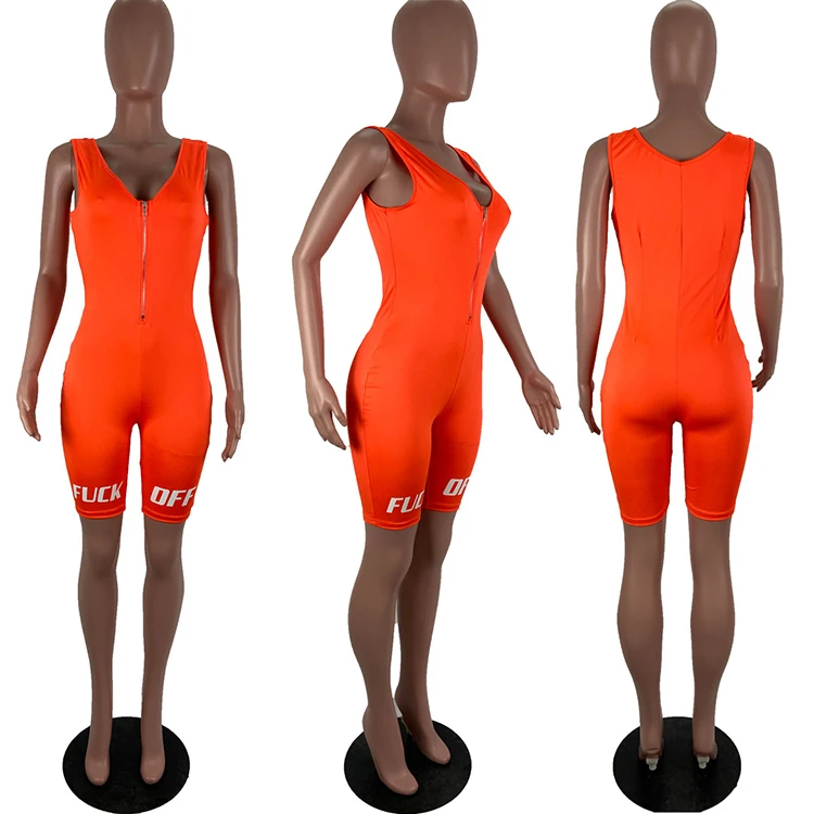 0420M104 Sexy Summer Sports Custom Bodycon Jogger Jumpsuits Zip Letter Solid Sleeveless Casual Short One Piece Romper For Woman
