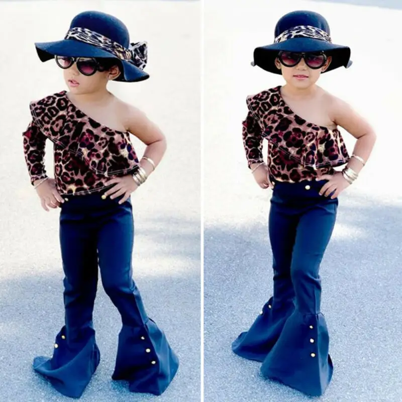

Fashion Kids Baby Girl Clothes Leopard Off-Shoulder Tops+Flared Denim Pants Outfits