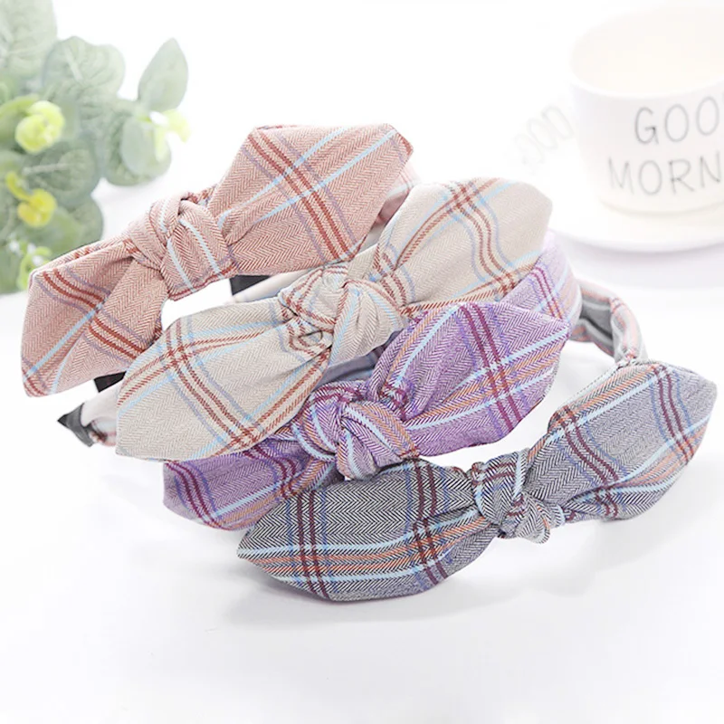12 шт. заячьи ушки Hairband украшения для волос для девочек оголовье в клеточку обруч на волосы, завязанный бантом для детей