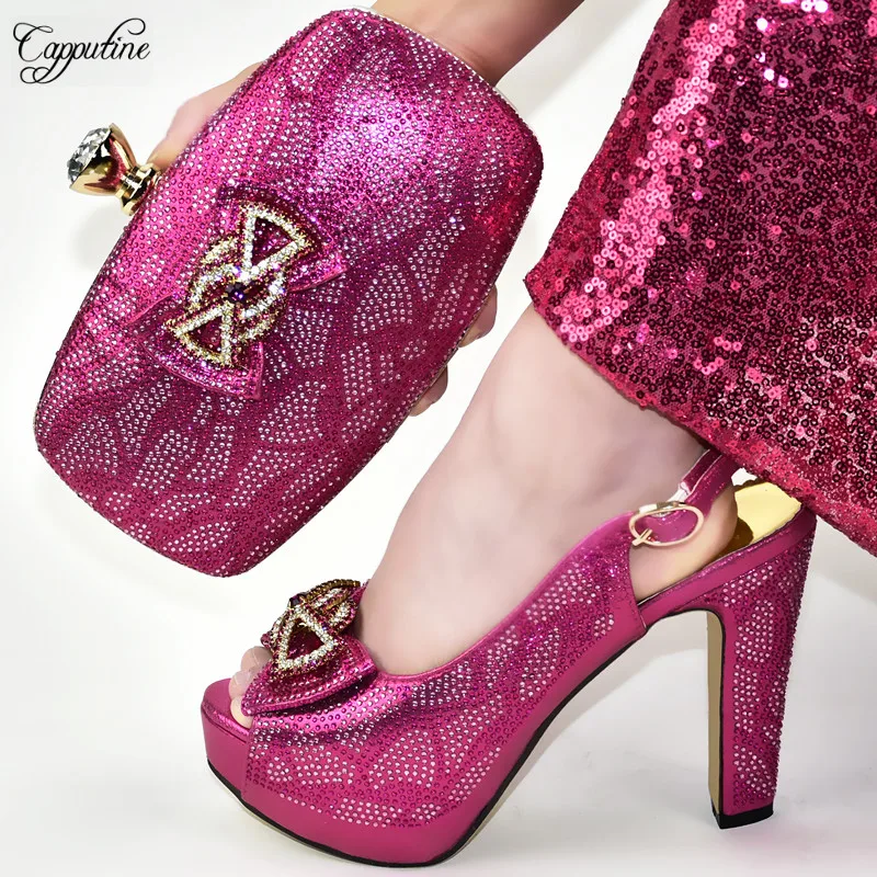 

New fahsion fuchsia wedding high heel sanda shoes with purse handbag set 688-1 heel height 12cm