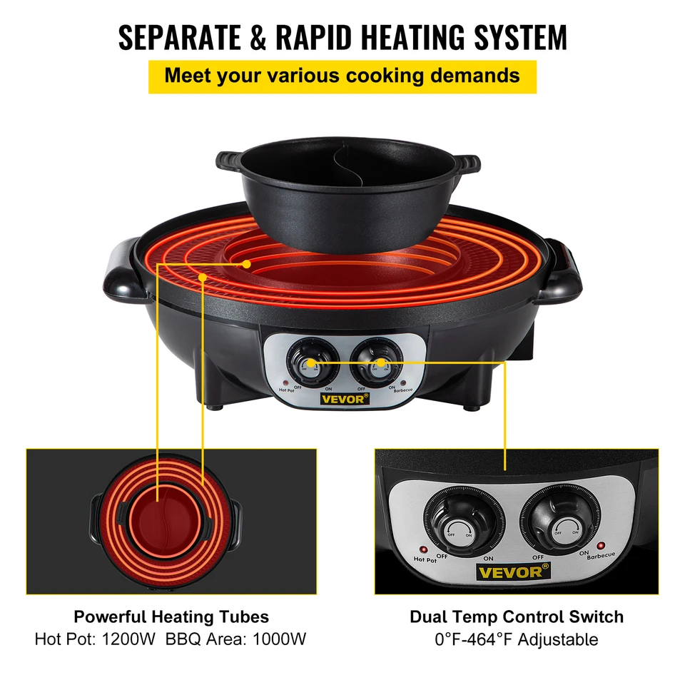 Barbacoa Eléctrica 2 En 1 Con Olla Caliente - 2200W Total, Parrilla Y Fonduera, Doble Control De Temperatura, Para 6 Personas