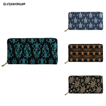 

ELVISWORDS Sea Turtle Polynesian Tribal Hawaiian Luxury Wallets Long Larger Card Pocket Purse Zipper Leather Wallet for Ladies