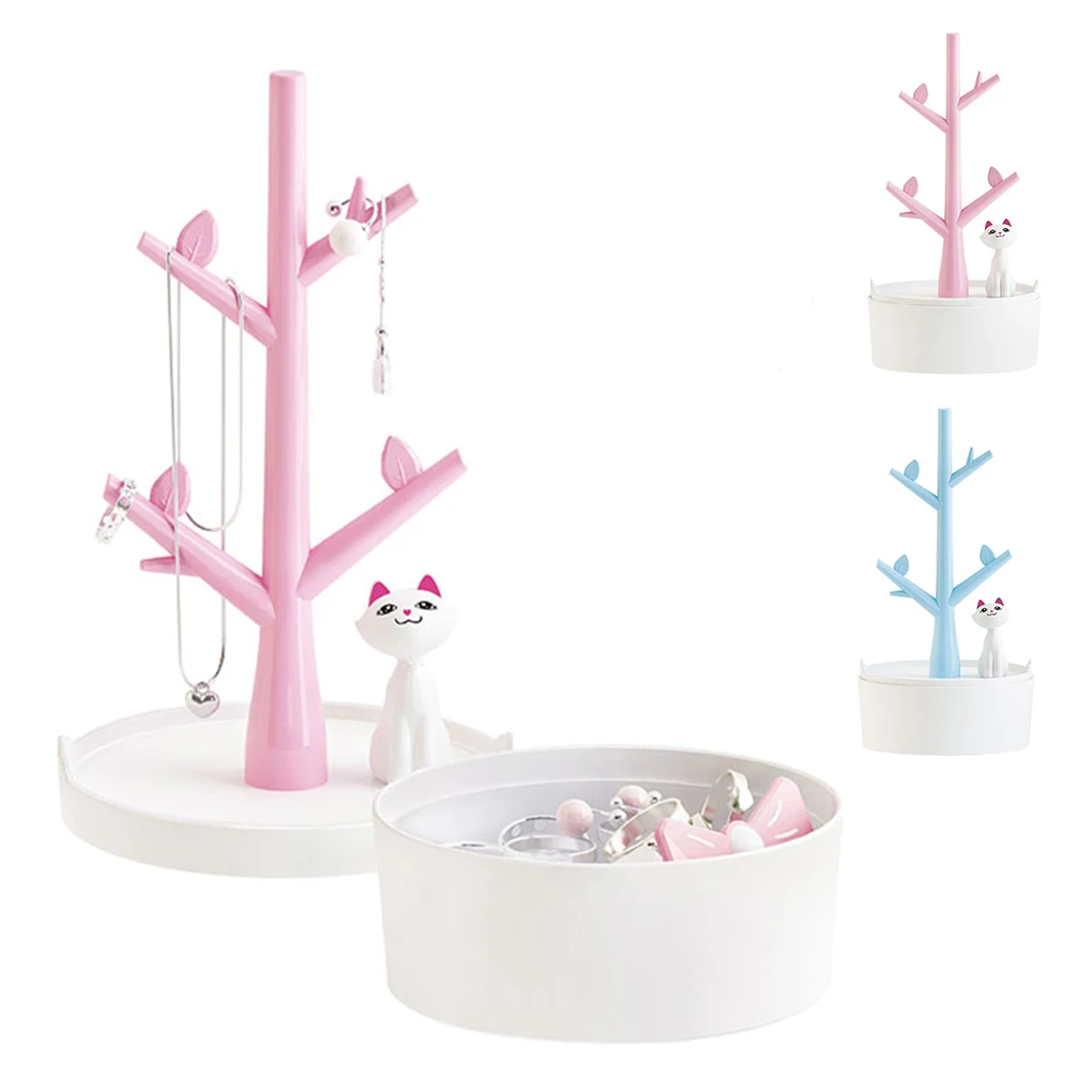 Pink Blue Cute Cat Earrings Necklace Ring Pendant Bracelet Jewelry Box and Display Stand Tray Tree Storage Jewelry