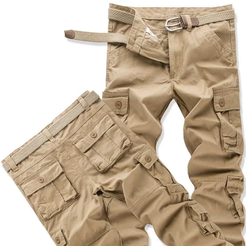 Men Spring Autumn Cargo Pants Casual Pure Cotton Multi Pockets Straight Slacks