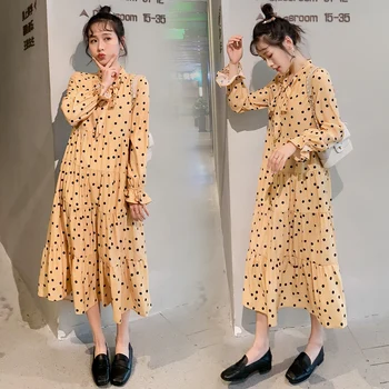 

8103# Pleated Dot Printed Chiffon Maternity Party Dress Sweet Elegant Maxi Long Dress Clothes for Pregnant Womewn Pregnancy