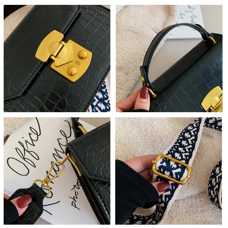 

2019 Autumn And Winter New Style WOMEN'S Bag Crocodile Pattern Korean-style Hand Lock Square Sling Bag Ethnic-Style Ribbon