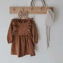 Вельветовое платье с оборками для девочек осенние модные платья для девочек от 1 до 7 лет, HX483