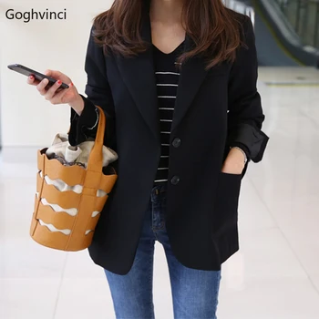 

Blazers Women Black Solid All Match Long Sleeve Womens Clothing Korean Style Casual Slim Simple Elegant Females Button Soft Chic