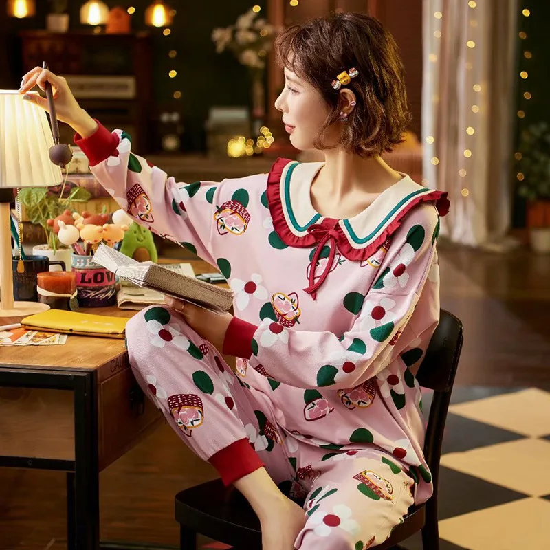 

Cotton Women's Pajamas Spring, Autumn Winter Long-Sleeved Fresh Princess Style Can Be Worn Outside Leisure Tops Two Piece Suit
