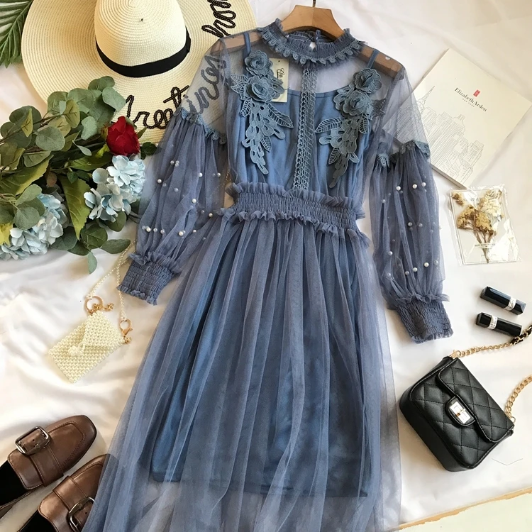 

Women Spring Mesh Beading Long Dress Three-dimensional Floral Lace Elegant Party Fairy Dresses Suits vestido de fiesta