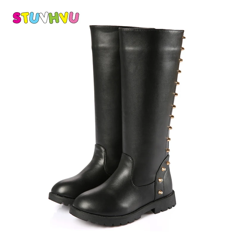 

2019 Children's Boots Winter Shoes Kids High Boots Fashion Rivets Shoes Princess Girls Boots Genuine Leather Child Shoes Black