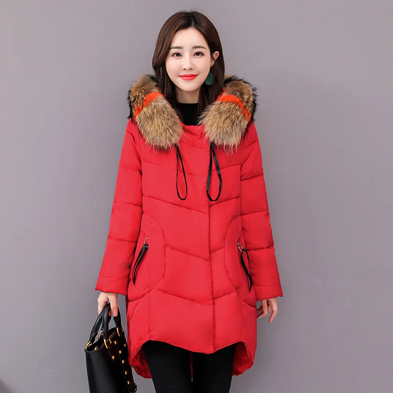 Plus Size 4XL 5XL Winter Jacket Women Padded Outwear Hooded Colorful Fur Female Coat Long Parka Mujer Invierno - Цвет: Красный