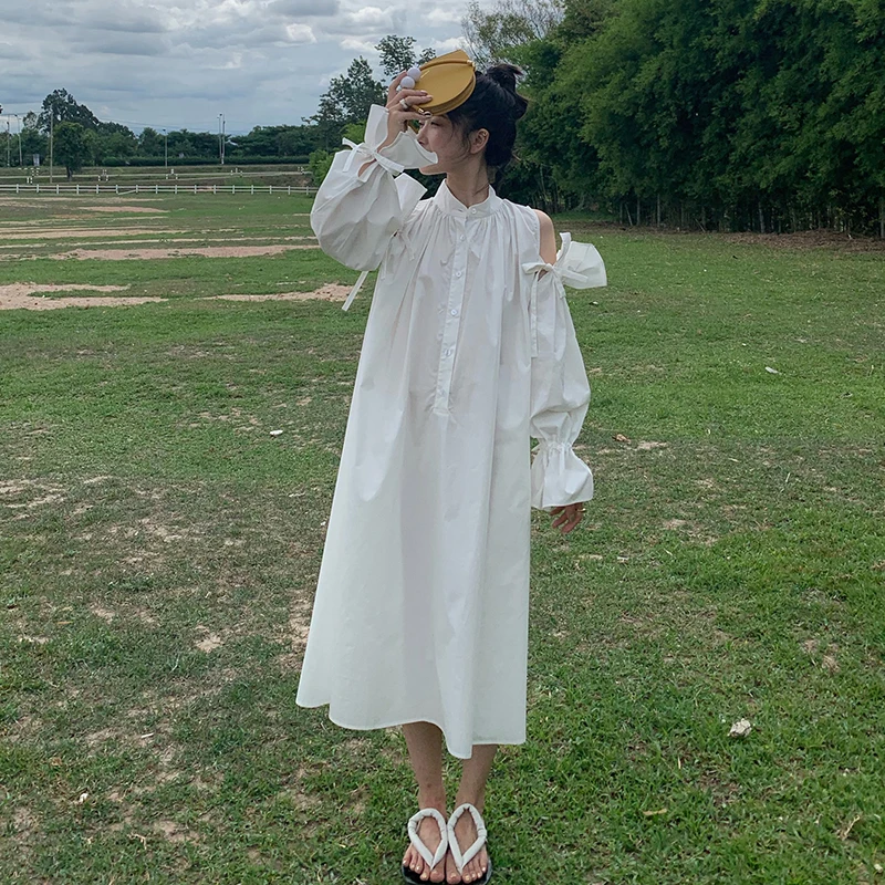 TVVOVVIN Vintage Sweet Elegant Lantern Sleeve Dress Women Loose Plus Size White Strapless Shoulder Maxi Dress Autumn New D212