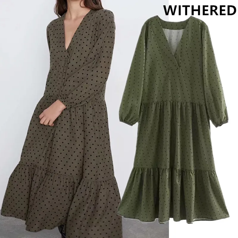 

Withered england style elegant polka dot printing v-neck loose midi long dress women vestidos de fiesta de noche vestidos blazer