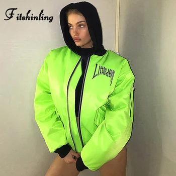 

Fitshinling Neon Green Coat Female Jacket Autumn Winter BF Style Outerwear Jackets For Women Big Size Letter Print Casual Coats