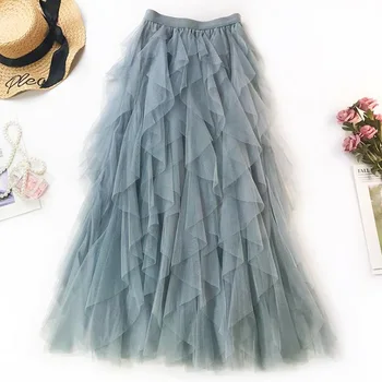 

Drape Ruffle Long Tulle Skirt Women Fashion Spring Summer High Waist Pleated Maxi Skirt Female Pink Black Blue School Skirt Sun