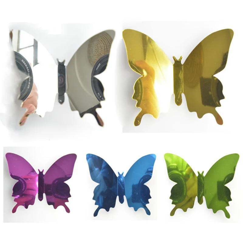 

12Pcs 3D Mini Mirror Wall Sticker PET Butterfly Shape Wall Decal Window Fridge Stickers For Living Room Home Decoration