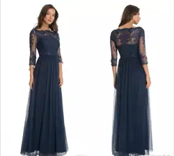 2018 Robe De Soiree Formal evening gown Lace Scoop Neck Sheer Three Quarter Sleeves Floor Length Mother of the Bride Dresses