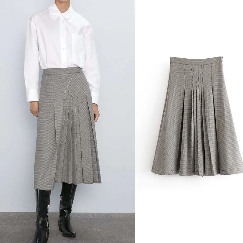 

fashion jupe femme za a-line high waist houndstooth pleated skirt side zipper midi skirt faldas mujer moda 2019