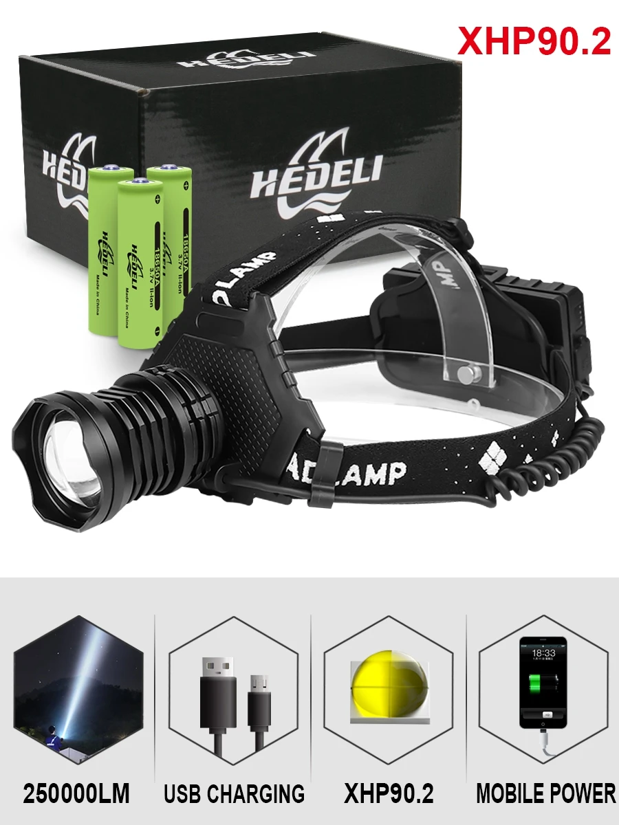 Налобный фонарь xhp90.2 светодиодный 300000 лм usb 18650|Налобные LED-фонари| |