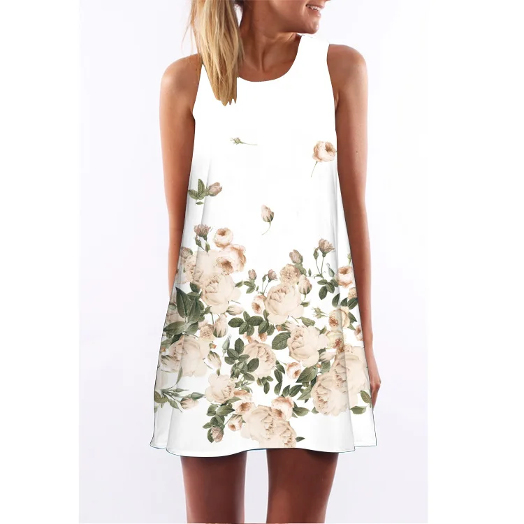 

2018 Ozhouzhan Europe And America New Style Retro Digital Printing Crew Neck Hot Selling off-Shoulder Medium-length Vest Dress