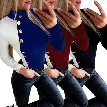 

Blouse Women elastic blouse sexy long sleeve pullover with colored blocks high collar top Autumn winter fashion casual shirt