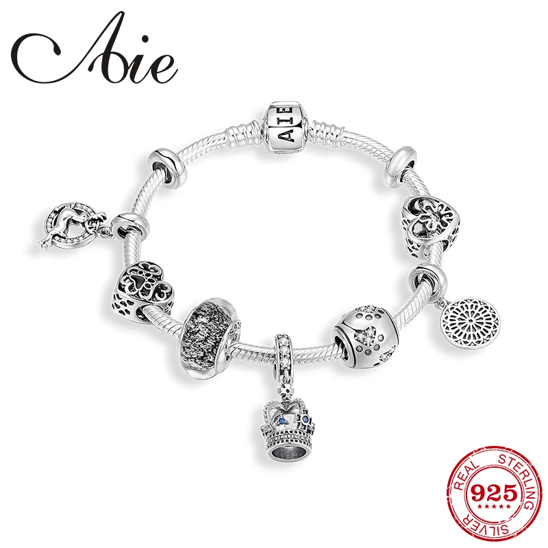 Настоящее серебро 925 пробы браслеты для женщин корона кулон в форме сердца шармы змея цепь браслет дружбы Femme ювелирные изделия