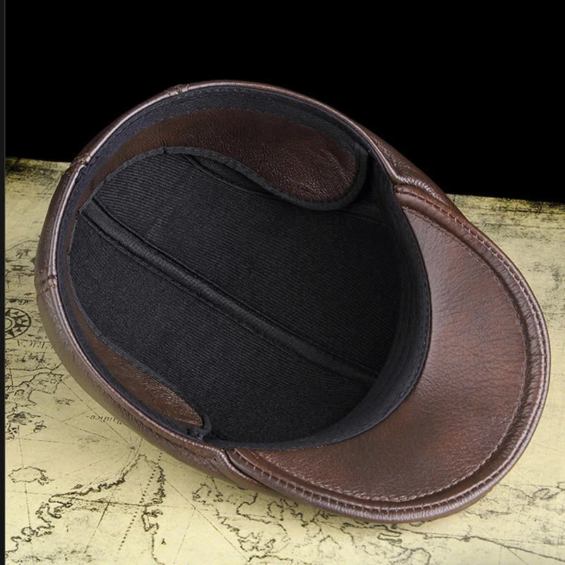 Men's First Layer Cowhide Leather Hat Winter Berets Male Warm Ear Protection Cap 100% Genuine Leather Dad Hat Wholesale Leisure 5