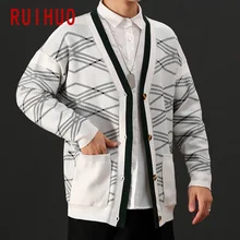 RUIHUO, полосатый кардиган с v-образным вырезом, мужской Рождественский свитер, зимняя куртка, мужской кардиган, одежда, свитера, мужской кардиган, 5XL, осень