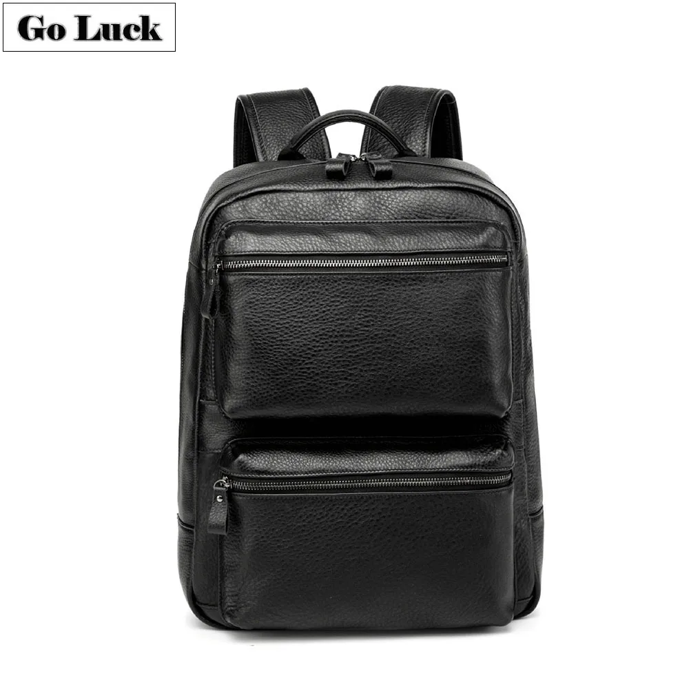 

GO-LUCK Brand New Black Genuine Leather 17' Computer Laptop Backpack Men's Casual Business Daily Travel Bag School Student Packs