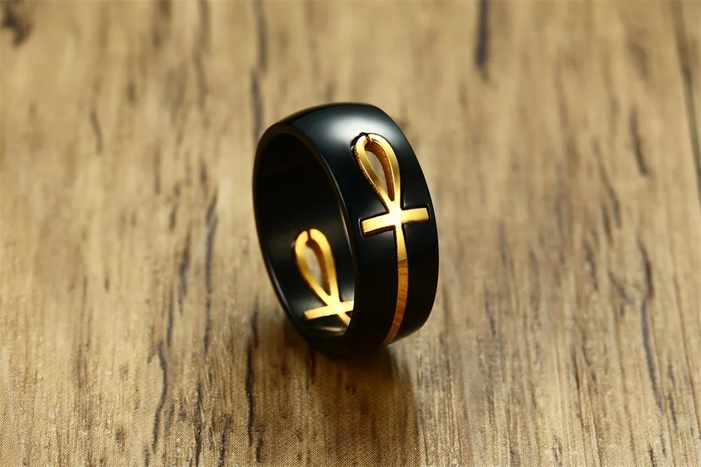 Мужское двухцветное кольцо с вырезом Египетский крест Анкх крест для мужчин из нержавеющей стали съемная Алла черная религиозная группа мужские ювелирные изделия