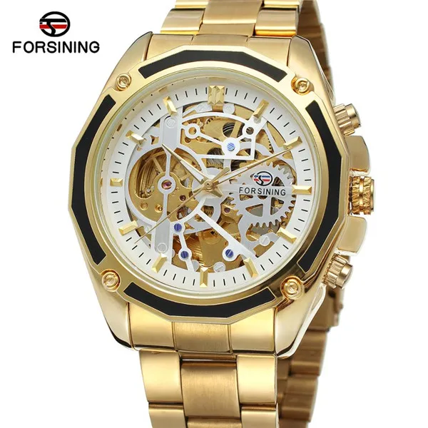 Мужские часы FORSINING, автоматические механические часы со скелетом, чехол, механизм, нержавеющая сталь, военные спортивные мужские часы, Relogio Masculino - Цвет: gold white