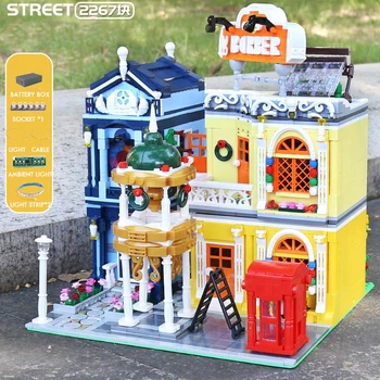 

MOC city Streetview Building Blocks The Barber Shop In Town With Led Light Model Assembly Brick Toys Kids Christmas Gift